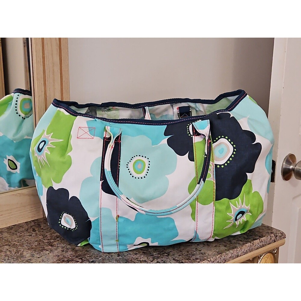 Thirty One Pleated Top Beach Tote 129 Newport Bloom Blue Green Cream 20x13x5"